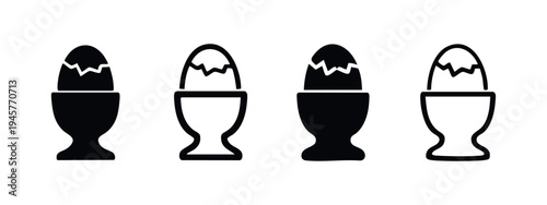 Hand-Drawn Style Egg in Egg Cup Icons with Cracked Egg, Black and White Vector Symbols for Breakfast