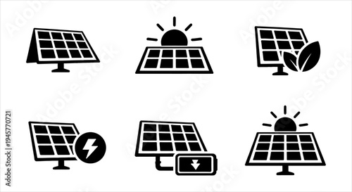 Solar Panel Icons Set for Renewable Energy and Sustainable Power Generation