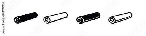 Cinnamon stick vector icon set in hand-drawn style. Rolled spice glyph and outline symbols isolated on white background.