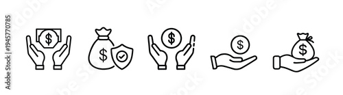 Monetary fund protection and cash transaction outline icon featuring money bag security, financial payment transfer, banking wealth savings more vector illustration or editable stroke.
