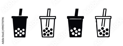 Bubble Tea Cup with Straw and Pearls Icons Set, Boba Drink Vector Graphics
