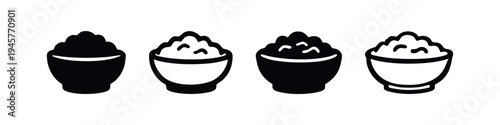 Bowl of Food Icons Set, Rice or Cereal Meal Vector Graphics