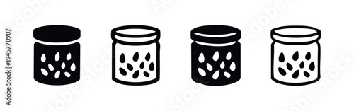 Jars with Seeds or Spices Vector Icon Set, Food Container Silhouette and Outline for Kitchen Storage
