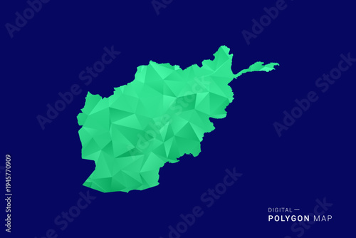 Afghanistan Map - low poly polygon vector, geometric triangulated silhouette in green and blue tones, clean modern style, isolated background for infographic use.
