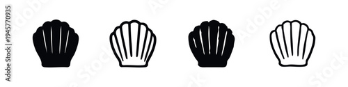 Scallop Shell or Madeleine Cookie Vector Icon Set, Marine and Dessert Silhouette and Outline Shapes