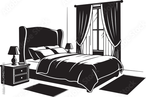 Black and white illustration of a bedroom with bed and nightstand
