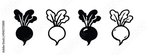 Radish with Leaves Icon Set - Fresh Root Vegetable Produce Vector