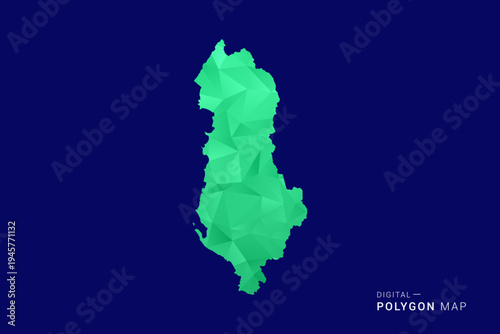 Albania Map - low poly polygon vector, geometric triangulated silhouette in green and blue tones, clean modern style, isolated background for infographic use.