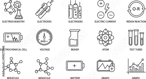 Chemistry electrochemistry icon collection illustration, laboratory science vector, atom molecule reaction graphic design, scientific symbol artwork, educational clipart resource