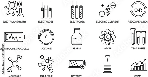 Chemistry electrochemistry icon collection illustration, laboratory science vector, atom molecule reaction battery voltage graphic design, educational clipart artwork, scientific symbol resource