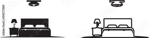 Silhouette of two beds with nightstands and lamps side by side