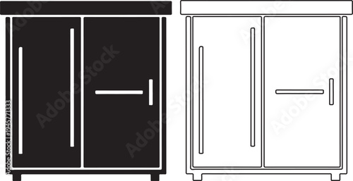 Two line drawing refrigerator icons side by side with handles and doors  kitchen appliances