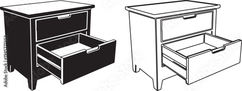 Two nightstands with drawers open in black and white illustrations