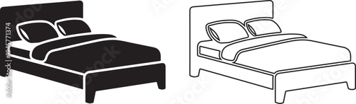 Two simple black and white bed illustrations with pillows and mattresses on white background