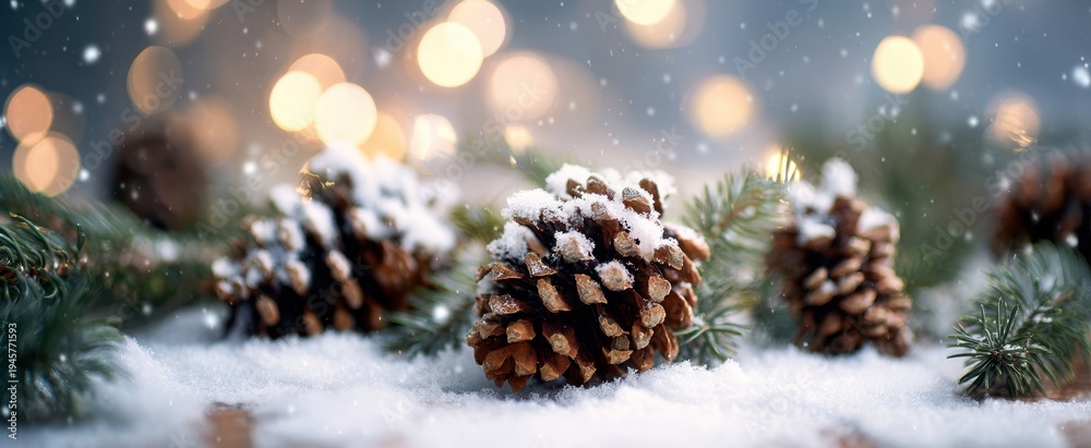 Obraz premium The Pinecones Resting on Snow with Festive Bokeh Lights and Evergreen Branches