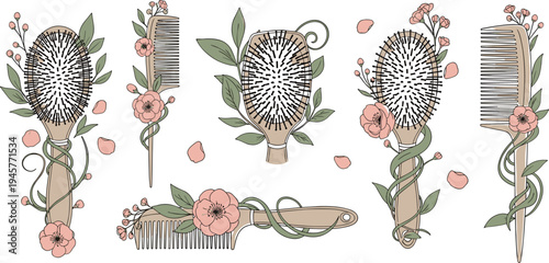 Floral hairbrush and comb vector set with botanical flowers, leaves and elegant beauty salon accessories illustration