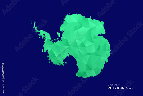 Antarctica Map - low poly polygon vector, geometric triangulated silhouette in green and blue tones, clean modern style, isolated background for infographic use.