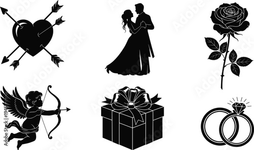 Valentine romance icon set, couple dancing silhouette, heart arrows cupid rose gift box engagement rings love symbols collection