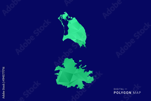 Antigua and Barbuda Map - low poly polygon vector, geometric triangulated silhouette in green and blue tones, clean modern style, isolated background for infographic use.