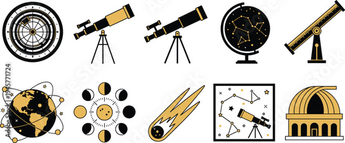Astronomy and space exploration vector icon set featuring telescopes, observatory, moon phases, comet, and celestial constellations isolated on white.