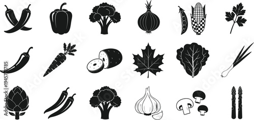 Black silhouette collection of fresh vegetables including broccoli, carrots, chili peppers, garlic, mushrooms, corn, and greens for healthy food menu design.