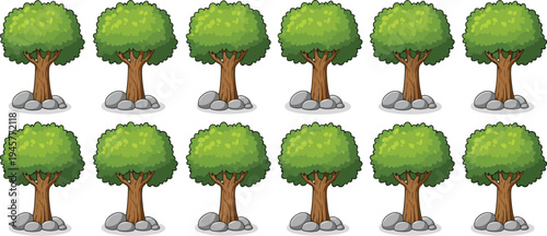 Cartoon green tree collection with stones isolated on white background, flat vector forest tree set for nature landscape design, park environment illustration