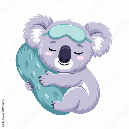 A cute koala is sleeping peacefully while hugging a pillow with eyes covered.