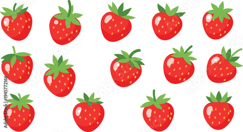 Cute Strawberry Fruit Vector Set with Bright Red Berries and Green Leaves Cartoon Illustration for Summer Food Design Healthy Dessert and Juice Menu