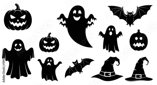 Spooky Halloween Silhouette Set With Ghost Pumpkin Bat And Hat