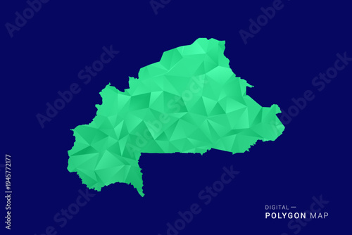 Burkina Faso Map - low poly polygon vector, geometric triangulated silhouette in green and blue tones, clean modern style, isolated background for infographic use.