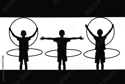 Children playing hula hoop silhouette set isolated on white background, kids exercise activity vector illustration showing playful movement, fitness fun and healthy childhood recreation