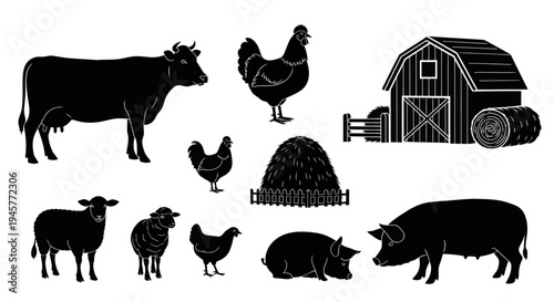 Farm Animals and Barn Silhouettes Set Vector Illustration Graphic Elements
