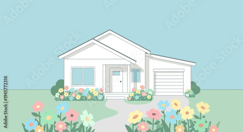 Minimalist White House with Colorful Garden on Green Lawn