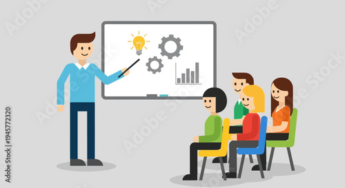 Teacher Presenting Business Idea and Statistics to Students in Classroom