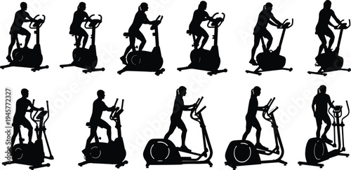 Fitness silhouette vector icon set featuring people using stationary exercise bikes and elliptical cross trainers isolated on white background for gym.
