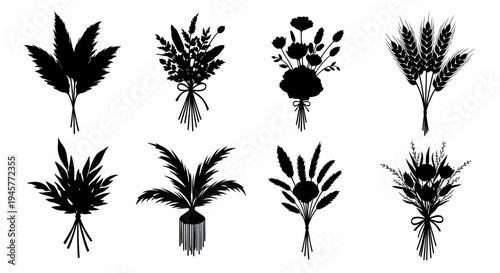 Dried Flower Bouquets and Wheat Silhouettes for Wedding Decor Vector