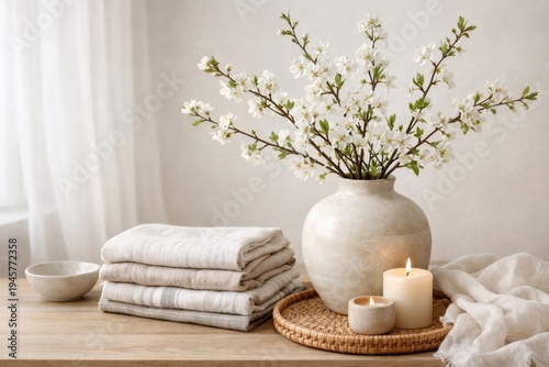Spring home decor refresh neutral interior with linen textiles, ceramic vase and fresh branches minimal styling