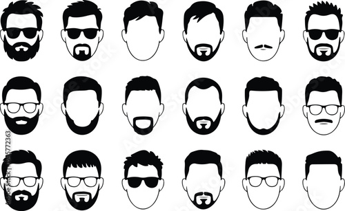Collection of bearded man head silhouettes with various hairstyles sunglasses and eyeglasses isolated on white background flat vector
