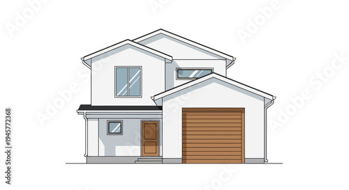 Minimalist White Suburban House with Attached Garage on White Background