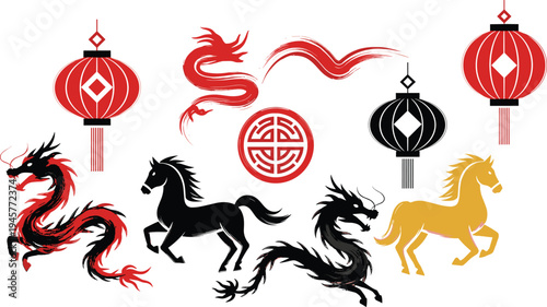 Traditional Chinese ink brush style vector illustration set featuring red and black dragons galloping horses hanging lanterns and decorative oriental cultural symbols.