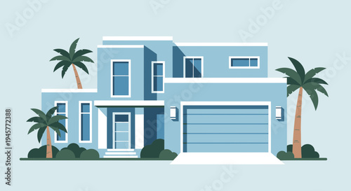 Modern Blue House with Palm Trees in Flat Design