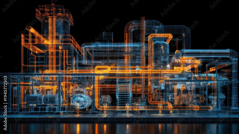Fototapeta premium Vibrant photo of Digital twin of a complex industrial chemical plant with glowing orange and blue wireframe lines on a black background