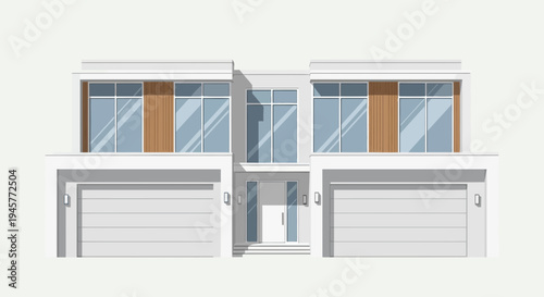 Modern Duplex House Facade with Garages and Large Windows