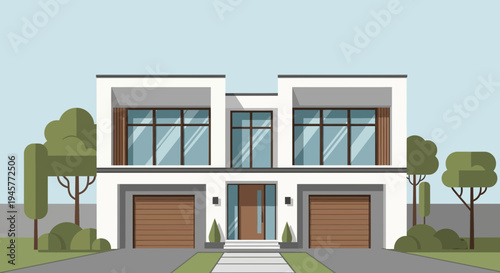 Modern Duplex House Exterior: Two Contemporary Homes with Garages and Landscaping