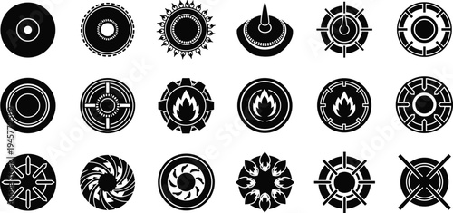 Gas stove burner icon set, kitchen hob burner silhouettes, cooking fire symbols, kitchen appliance vector, gas stove top, heat flame icons.
