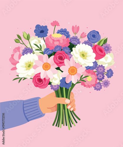 Woman hand holding spring flower bouquet illustration. Flat illustration of a hand holding a colorful bouquet of spring flowers on a pink background.