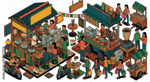 Indonesian Street Food Stall and Traditional Coffee Shop Isometric Vector Illustration