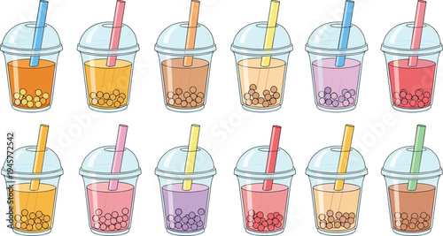 Colorful Bubble Tea Cup Vector Set with Tapioca Pearls Boba Milk Tea Drinks Illustration Collection for Cafe Menu Beverage Branding and Summer Refreshment