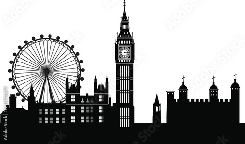 London skyline silhouette with Big Ben clock tower, London Eye ferris wheel and historic buildings isolated on white background, famous landmark cityscape vector illustration