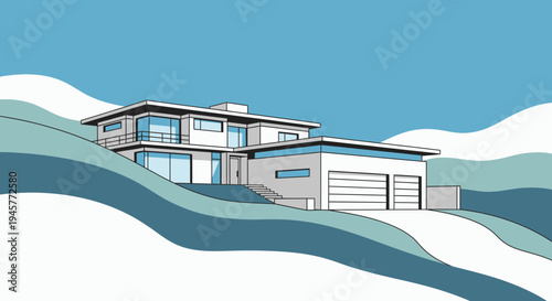 Modern Hillside House in Stylized Landscape with Blue Sky